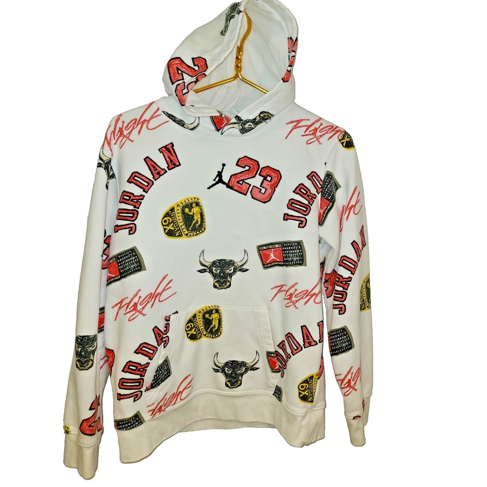 Jordan Boys Hoodie Sz 13-15 Streetwear Kidcore Bull 6 Peat White Jumpman Graphic